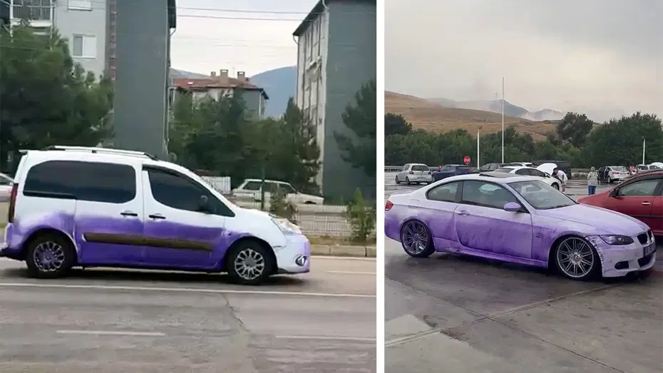 TIR yola boya dökmüştü: Araçların mora boyadığı anlar